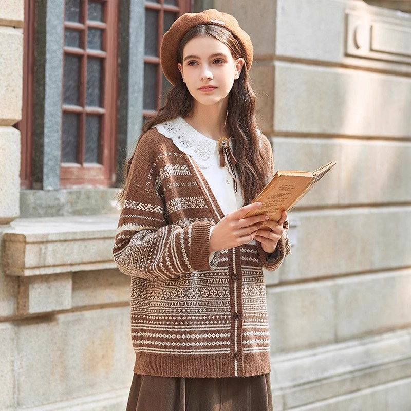 复古v领提花毛衣针织开衫