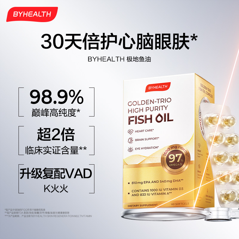 BYHEALTH 98.9%高纯度深海鱼油omega3补脑rTG,保健食品/膳食营养补充食品,鱼油/深海鱼油,淘宝优惠券,粉丝福利购,淘宝优惠卷