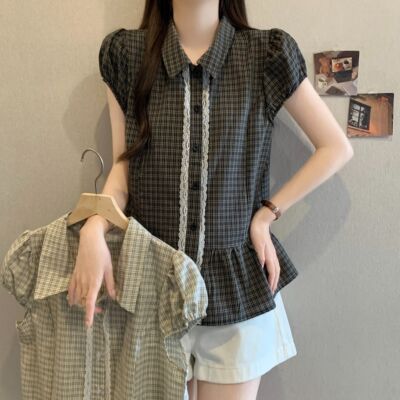 夏季大码修身蕾丝泡泡袖衬衫女