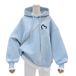 雾霾蓝连帽加绒卫衣女秋冬外套2025新款爆款加厚宽松中长款上衣薄
