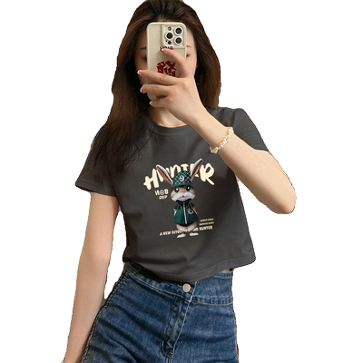 深灰色正肩短袖T恤女夏季高级感