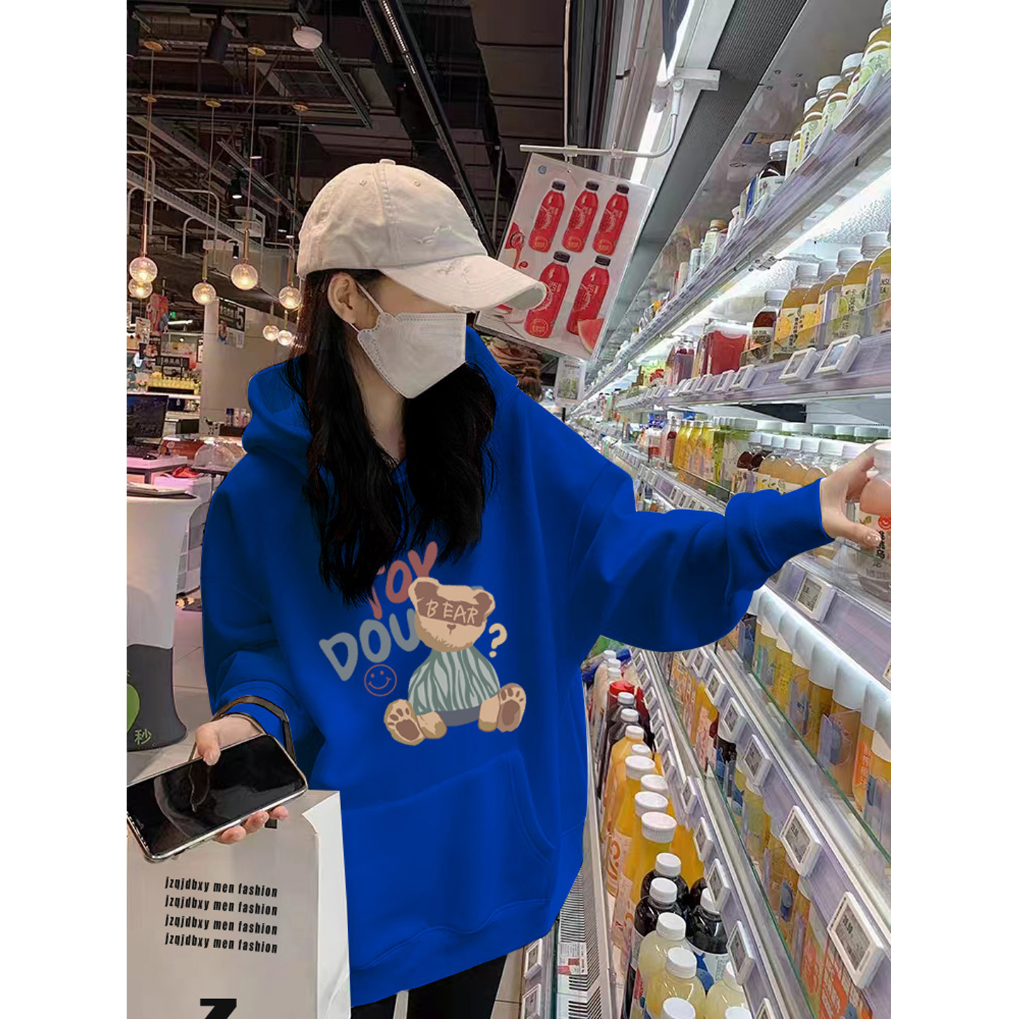 克莱因蓝小熊连帽加绒大码卫衣女