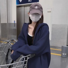 连帽卫衣拉链外套女开衫早春2025新款藏蓝色秋冬加绒加厚宽松上衣