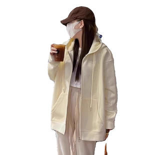 奶黄色chic春秋纯棉卫衣女韩系中长款慵懒风加绒秋冬季开衫外套潮