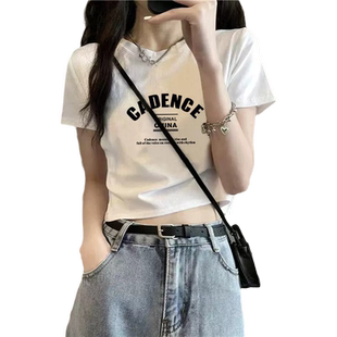 字母T恤女2026新款夏季白色纯棉短款修身ins潮牌欧货短袖女士上衣