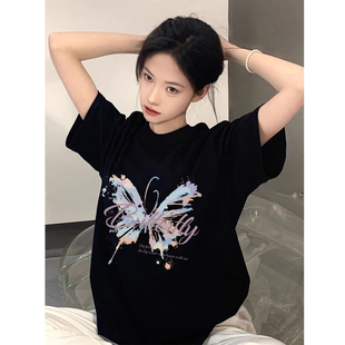 爆款 短袖 2025新款 t恤女夏季 小个子宽松显瘦蝴蝶印花上衣 纯棉半袖