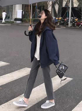 藏蓝色连帽纯棉卫衣女2025新款春秋季慵懒风宽松开衫外套拉链上衣