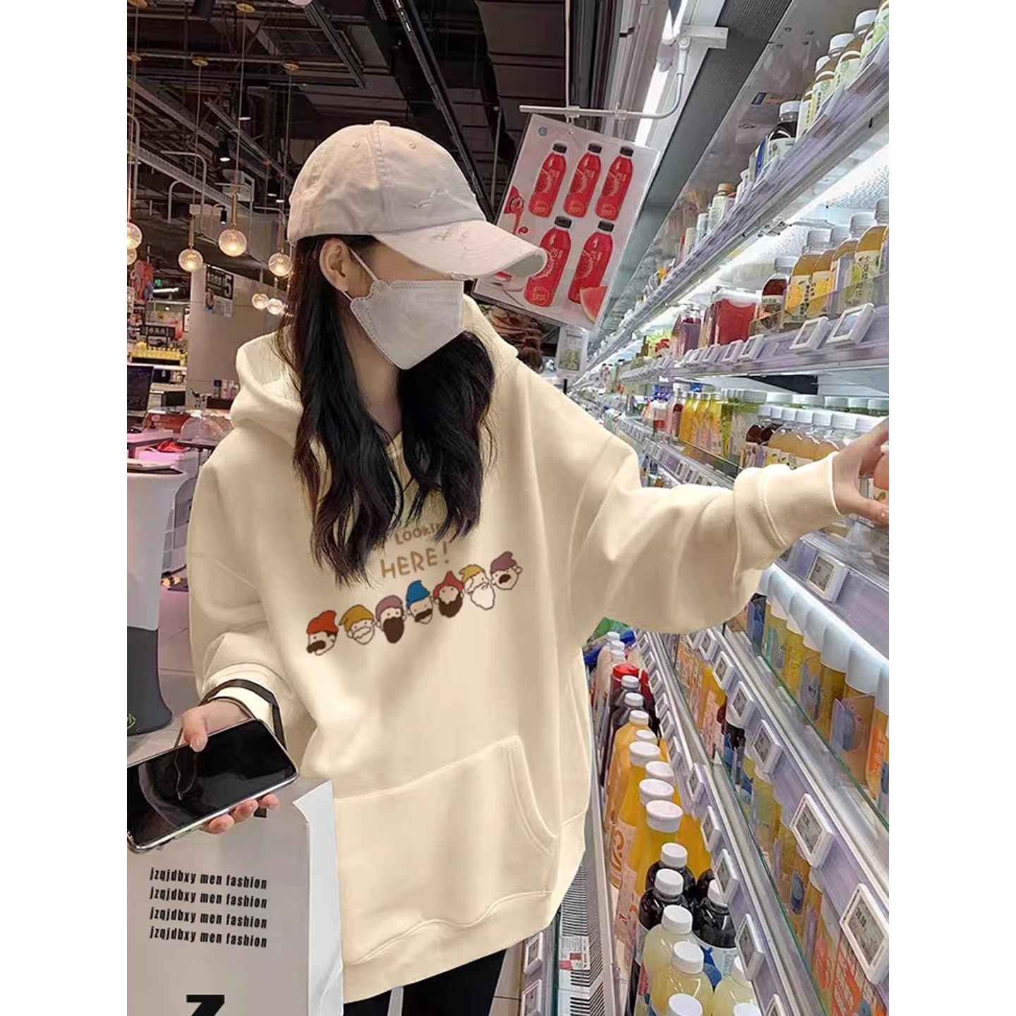 杏色纯棉卫衣女宽松加绒连帽外套