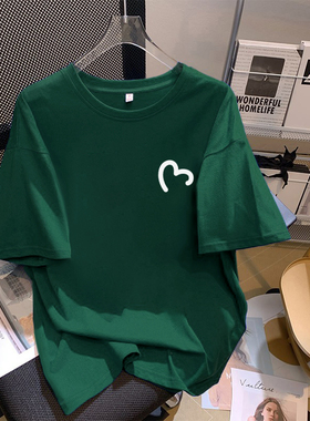 墨绿色纯棉正肩t恤女短袖2025夏装新款体恤宽松大码半袖上衣ins潮