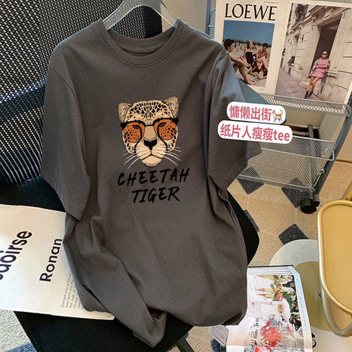 纯棉灰色短袖t恤女中长款百搭潮