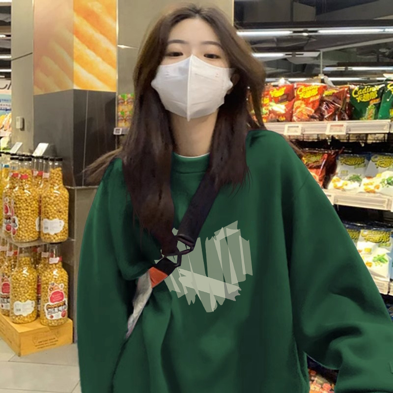 纯棉圆领卫衣女中长款加绒外套潮