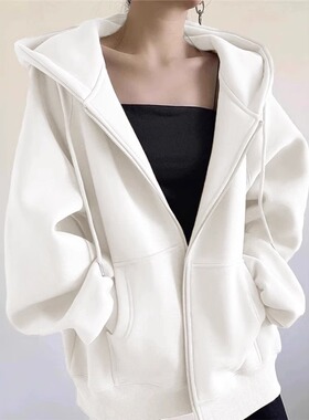 白色连帽卫衣女外套初春秋季2025新款爆款慵懒风宽松开衫拉链上衣