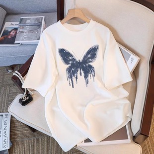 美式 蝴蝶印花白色短袖 夏季 上衣 t恤女2024新款 复古小个子宽松大版
