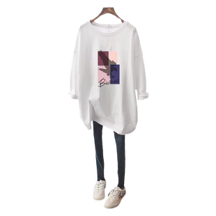 白色长袖T恤裙女春秋中长款宽松显瘦外穿圆领纯棉内搭打底连衣裙