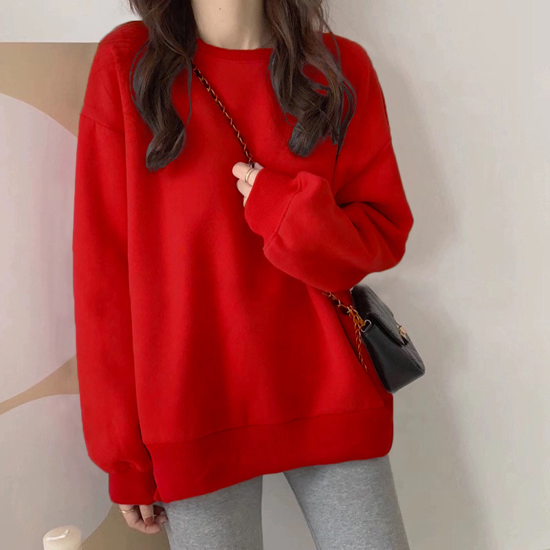 加绒红色卫衣女宽松本命年上衣服