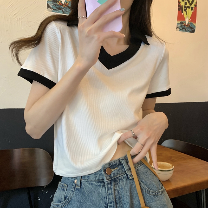 polo翻领纯棉短袖上衣T恤女拼接