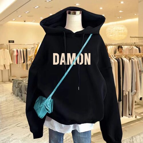 加绒加厚连帽黑色卫衣女情侣外套