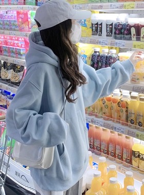 天蓝色加绒加厚连帽纯棉卫衣女高级感慵懒宽松春秋冬季中长款上衣