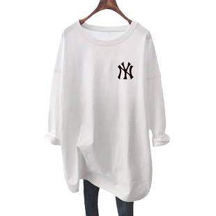 白色宽松纯棉长袖T恤女秋冬季2025新款欧货大版加绒中长款打底衫