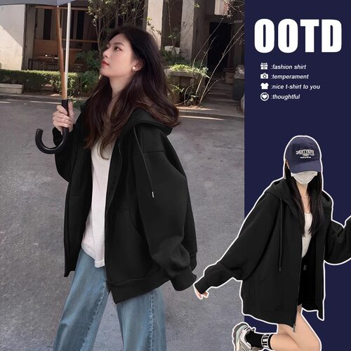 黑色连帽纯棉卫衣女慵懒拉链外套