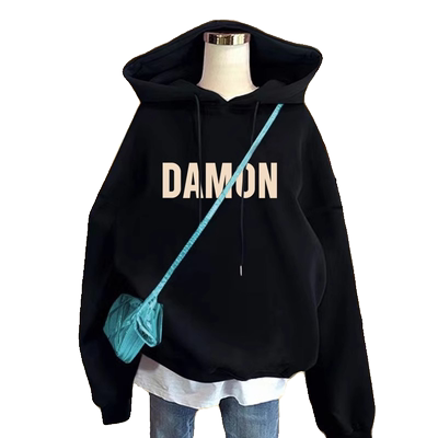 加绒加厚连帽黑色卫衣女情侣外套