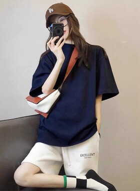 纯色短袖t恤女2025新款美式藏蓝色宽松显瘦纯棉半袖上衣打底内搭