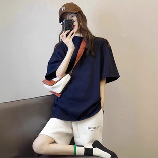 上衣打底内搭 纯色短袖 t恤女2025新款 美式 藏蓝色宽松显瘦纯棉半袖