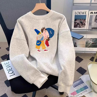 白灰色小猫卫衣女2025秋冬新款爆款圆领加绒加厚上衣洋气宽松外套