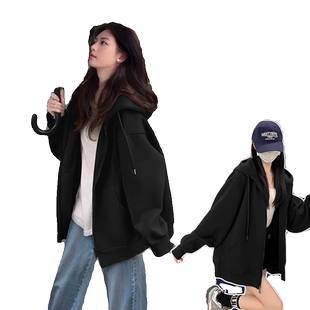 黑色连帽卫衣女2026新款春秋季慵懒休闲宽松开衫外套拉链上衣