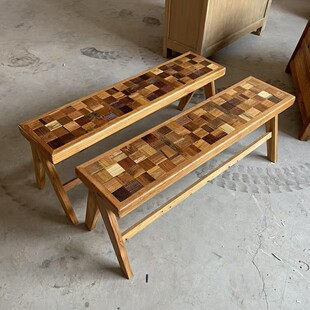 老榆木长凳棋盘格拼花长条凳民宿侘寂风实木床尾凳简约家用餐桌凳