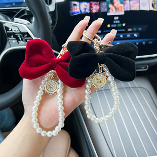 新款绒布蝴蝶结珍珠链钥匙扣创意珠串精致汽车钥匙链包包装饰挂件