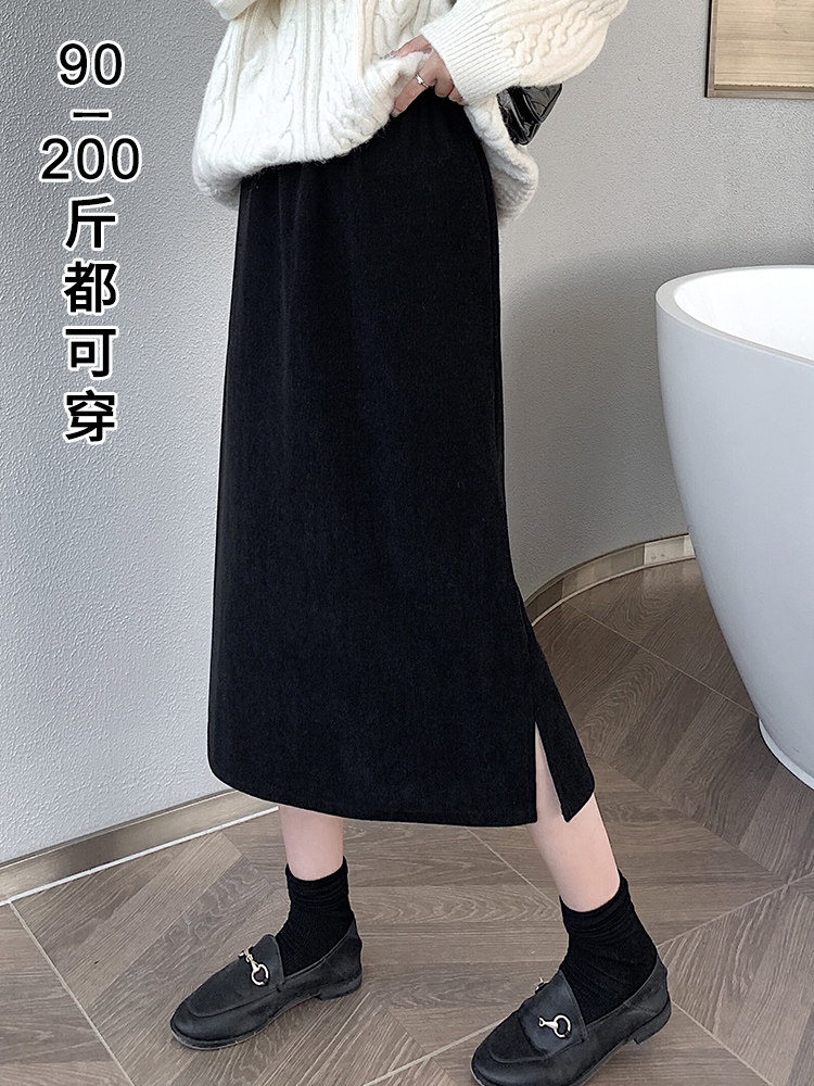 黑色加绒半身裙女秋冬高腰开叉a字裙大码胖mm裙子中长款包臀裙