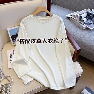 欧货中长款白色打底衫女秋冬加绒叠穿内搭遮屁股蕾丝长袖T恤上衣
