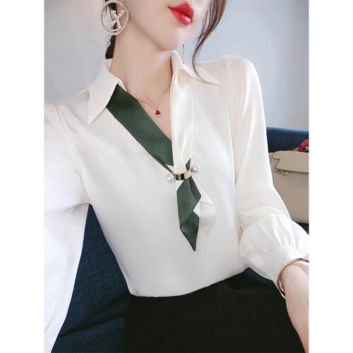 法式气质百搭翻领V领衬衫女春夏小众宽松垂感缎面醋酸白衬衣