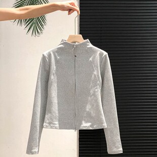 立领双拉链加绒卫衣外套冬季新款女运动通勤风灰色短款羽绒服内胆