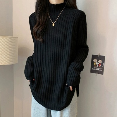 黑色中长款半高领毛衣女遮屁股冬新款宽松慵懒风竖条纹针织1204w