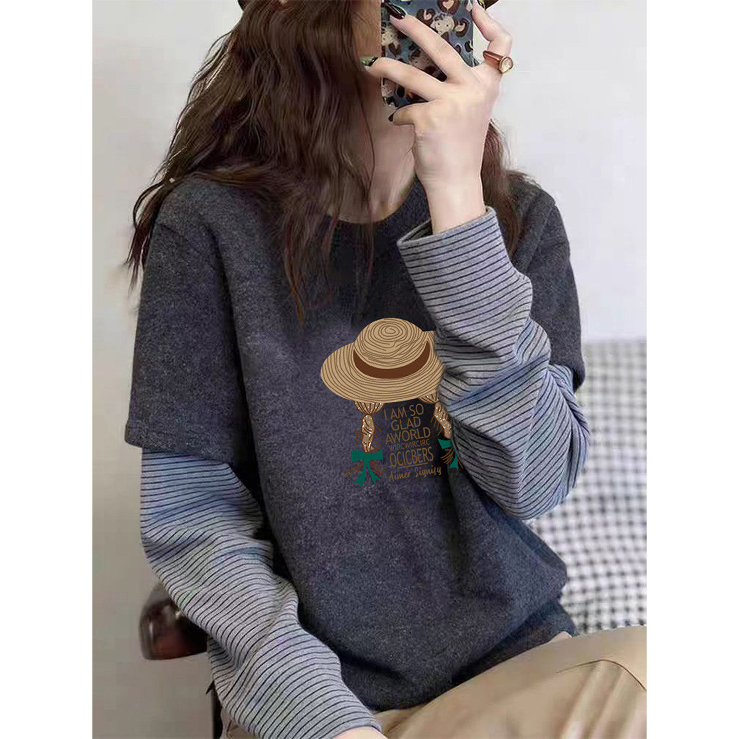 欧货纯棉假两件长袖T恤女2026新款春秋内搭打底衫显瘦磨毛上衣