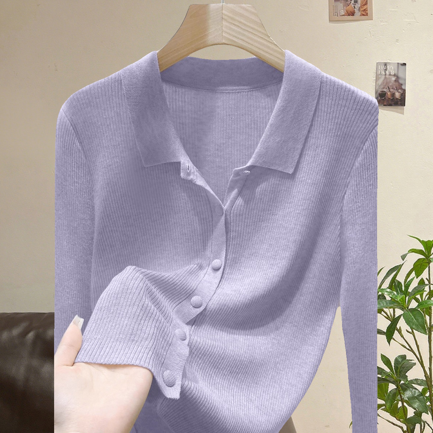 熏衣紫色POLO领长袖T恤女秋季2025新款宽松休闲显瘦针织开衫上衣,运动/瑜伽/健身/球迷用品,瑜伽t恤,淘宝优惠券,粉丝福利购,淘宝优惠卷