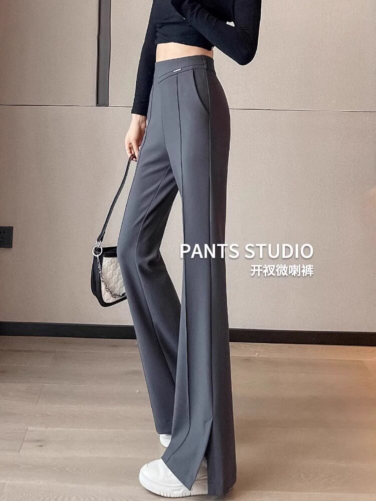 灰色裤子喇叭裤女春秋2025新款高腰显瘦马蹄裤垂感休闲开叉微喇裤