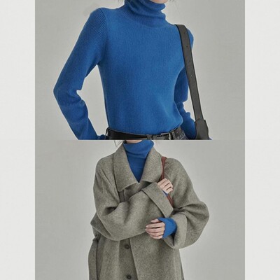 高端大牌克莱因蓝堆堆领针织打底衫女气秋冬皮草内搭长袖高领毛衣