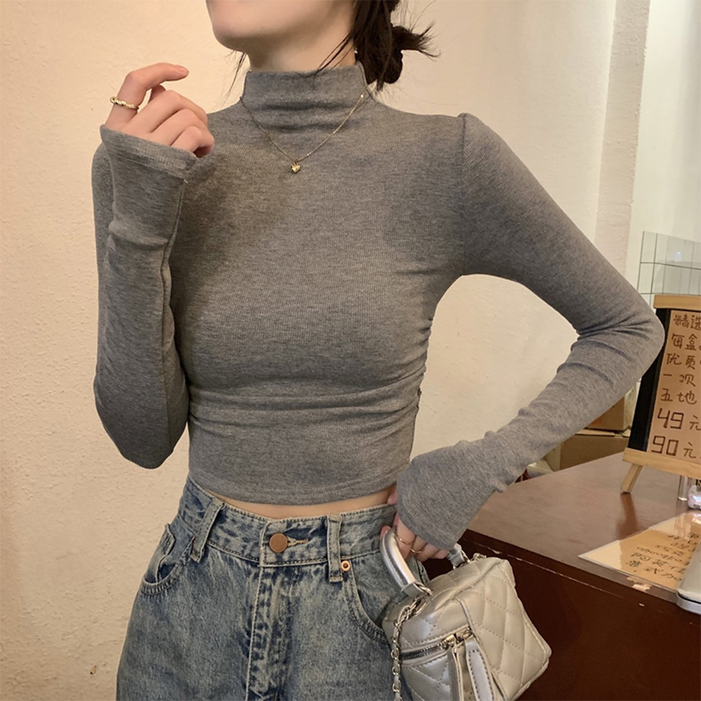 秋冬小个子高领短款灰色毛衣女修身内搭针织衫打底毛线衣1129u