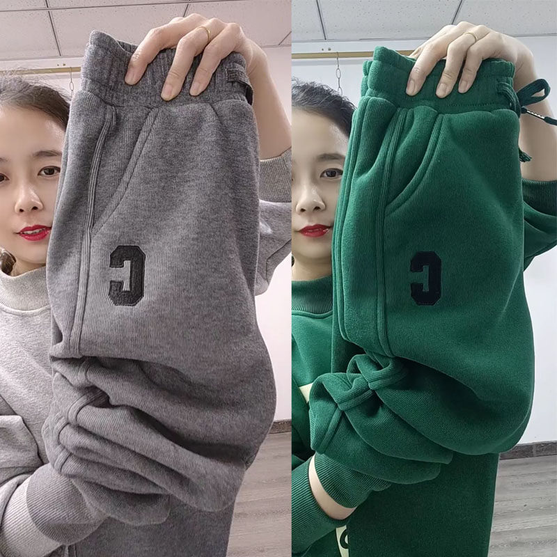 欧货加绒卫裤女冬季高腰显瘦裤子加厚保暖棉裤束脚休闲哈伦运动裤