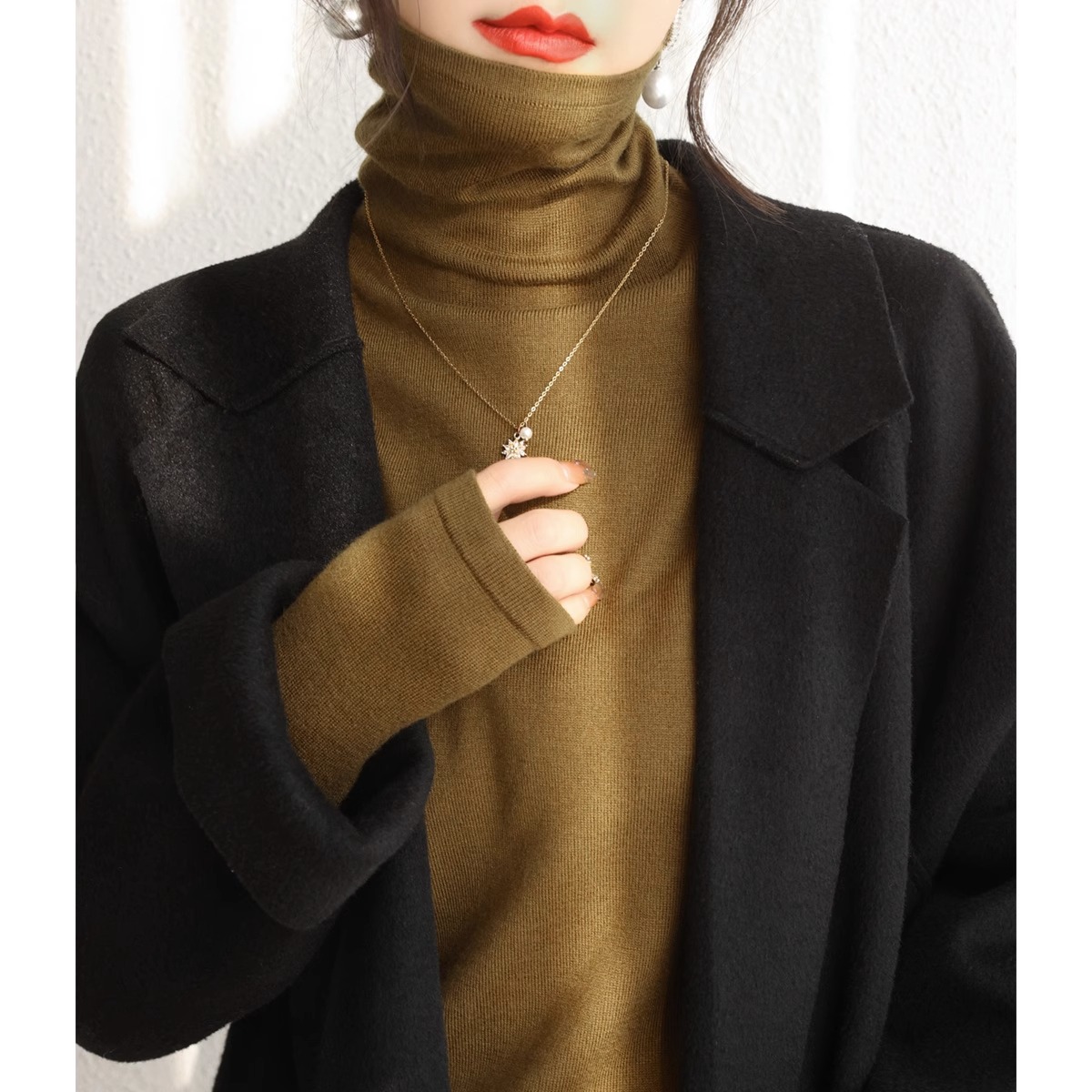 秋冬高领打底衫女配大衣修身内搭毛衣洋气堆堆领针织上衣1121z