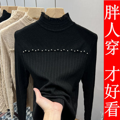 黑色半高领针织衫女冬修身蕾丝拼接洋气内搭打底衫上衣1201w