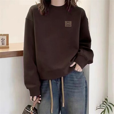 欧货时尚咖啡色纯棉短款卫衣女秋冬新款加绒加厚套头小个子上衣