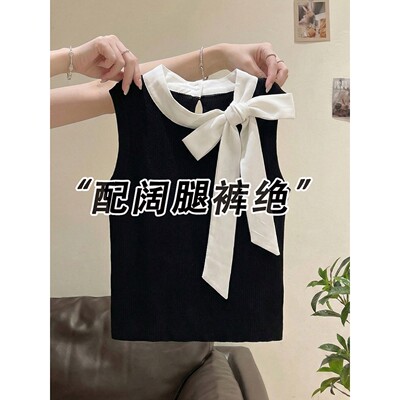 领结飘带针织吊带背心女夏外穿小立领名媛修身无袖挂脖上衣0311e