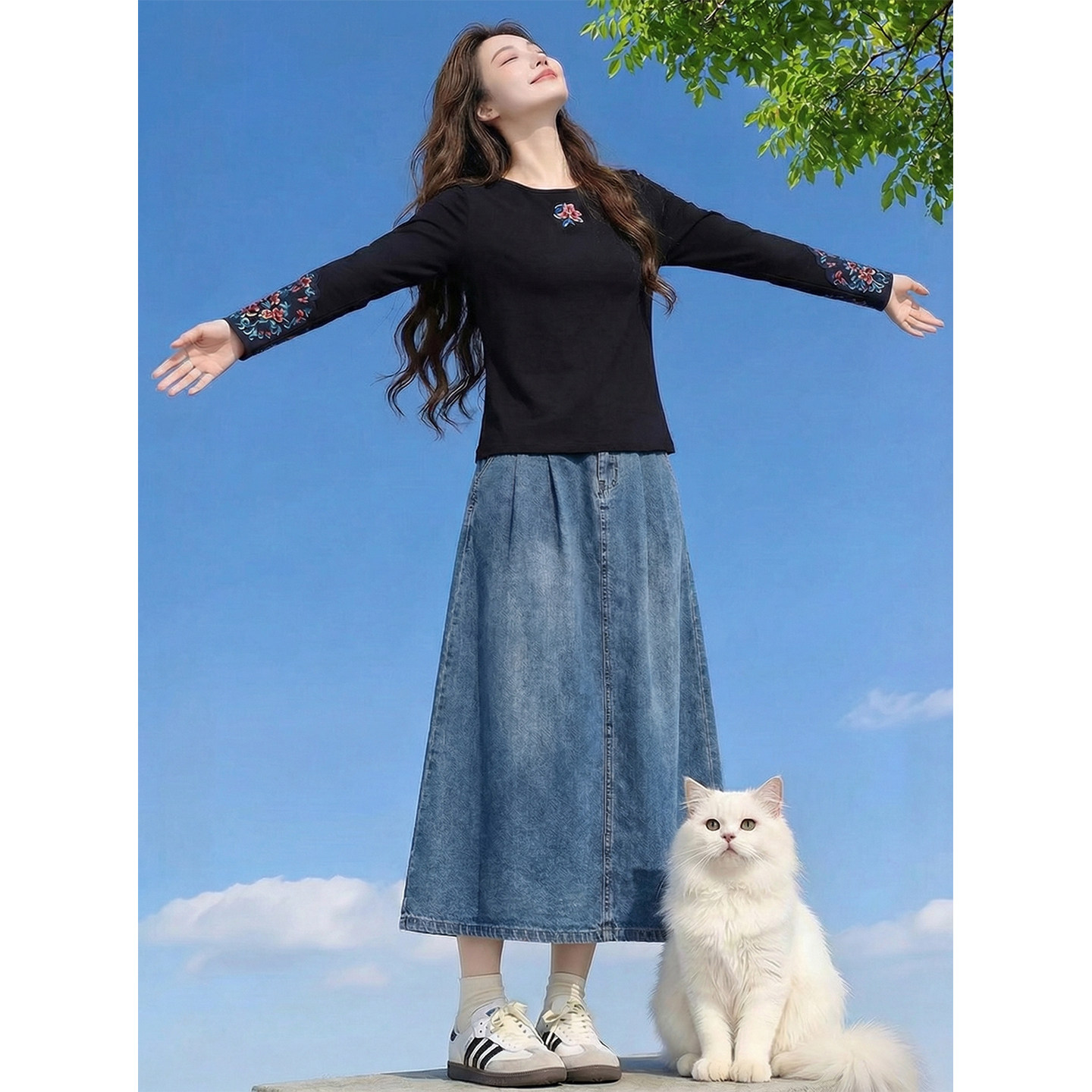 民族风黑色长袖t恤女春季宽松新中式刺绣中国风打底衫高级感上衣