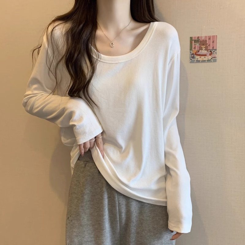 白色正肩U领长袖T恤女春秋新款宽松内搭打底衫大码遮肚子显瘦上衣