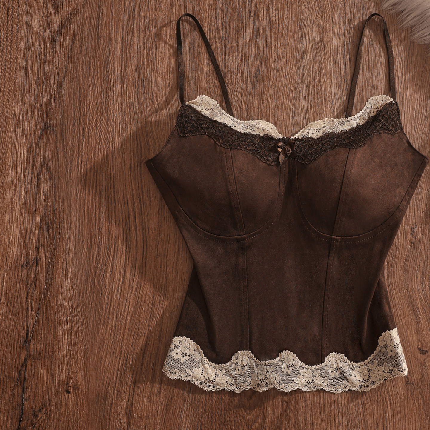 美拉德咖色蕾丝边吊带背心女带胸垫短款修身鱼骨胸衣西装皮草内搭