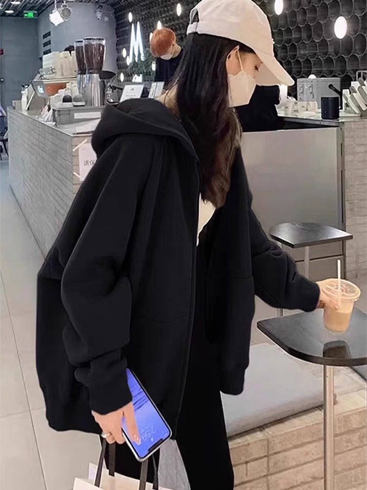 美式时髦黑色连帽卫衣外套女秋冬新款宽松慵懒风早秋外套拉炼开衫